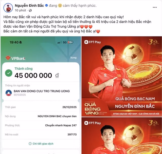 Ngoài ra, Đình Bắc còn ghi điểm bởi lối sống ấm áp, tinh thần sẻ chia. Tháng 12/2025, tiền đạo trẻ đã dành toàn bộ số tiền thưởng từ hai danh hiệu Quả bóng bạc 2025 và Cầu thủ trẻ nam xuất sắc 2025 làm từ thiện. Ảnh: chụp màn hình