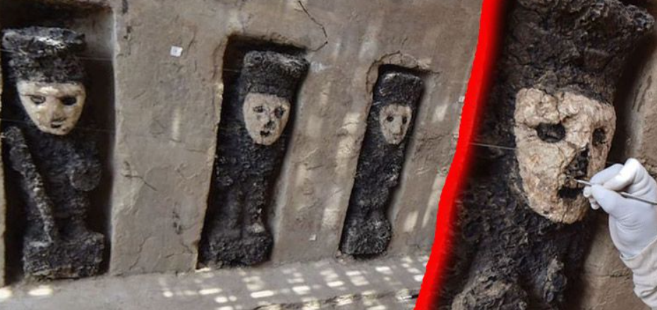 Đó là những bức tượng đá hình người màu đen, riêng khuôn mặt được đắp bằng chất liệu đất sét màu be. Ảnh: @Bảo tàng Quốc Gia Peru.