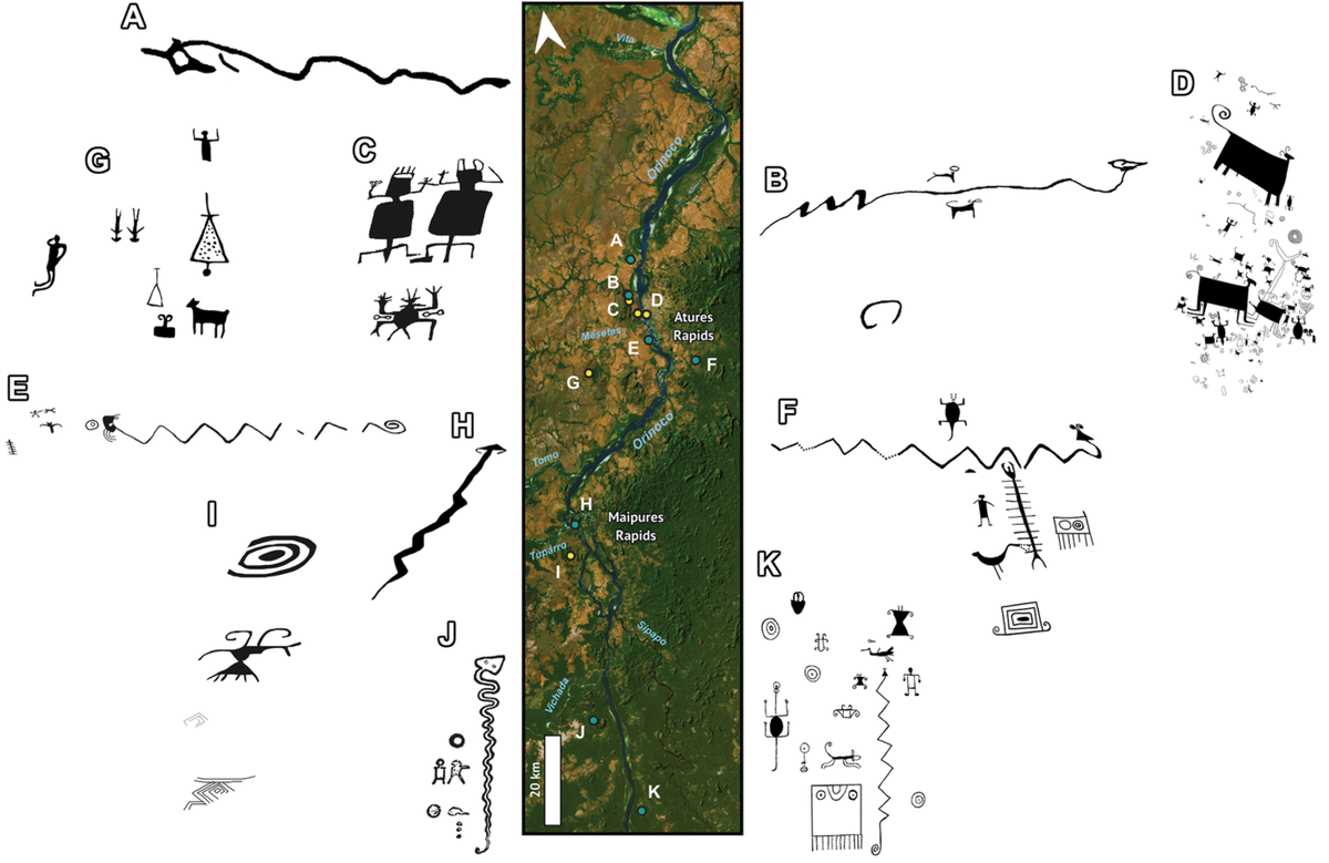 Các hình khắc được tìm thấy trên bề mặt đá dọc theo vùng thượng và trung lưu sông Orinoco ở Venezuela và Colombia. Ảnh: @ Juanita Escobar.