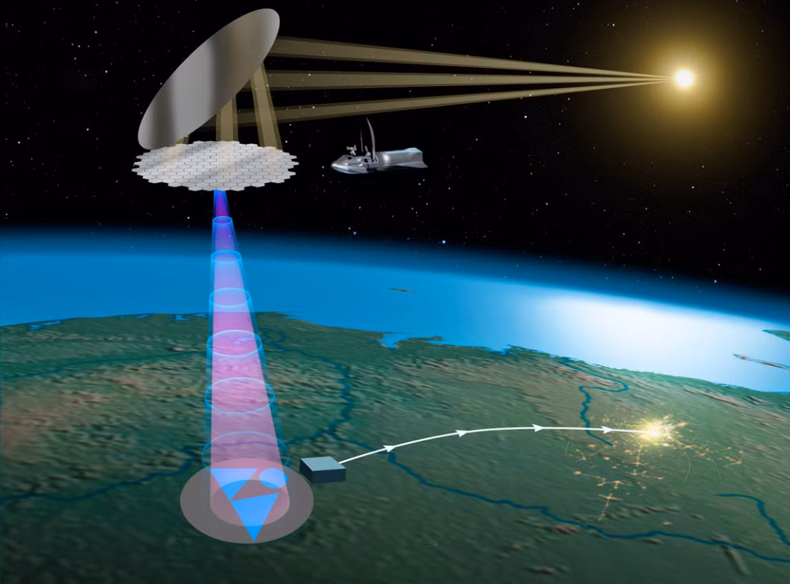 Cũng cách đây hơn 50 năm trước, vào ngày ngày 14 tháng 6 năm 1969, tạp chí khoa học nổi tiếng Science News cũng đưa tin rằng, nguồn cung cấp điện gần như vô hạn có thể được tạo ra trên bề mặt Mặt Trăng, bằng các mảng pin Mặt trời khổng lồ, và sau đó được chiếu tới Trái Đất bằng tia laser. Ảnh: @ Kratos Defense.