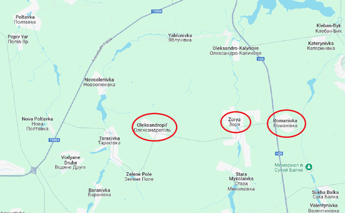 Quân Nga cũng có những bước tiến đáng kể ở các hướng khác. Họ đã tiến xa hơn về phía bắc Oleksandropil, mở đợt tấn công vào khu vực Zarya, và trận chiến ở Romanivka cũng đã nổ ra. Trên bản đồ, nhiều khu vực rộng lớn đã bị quân Nga chiếm giữ. Ảnh: Google Maps
