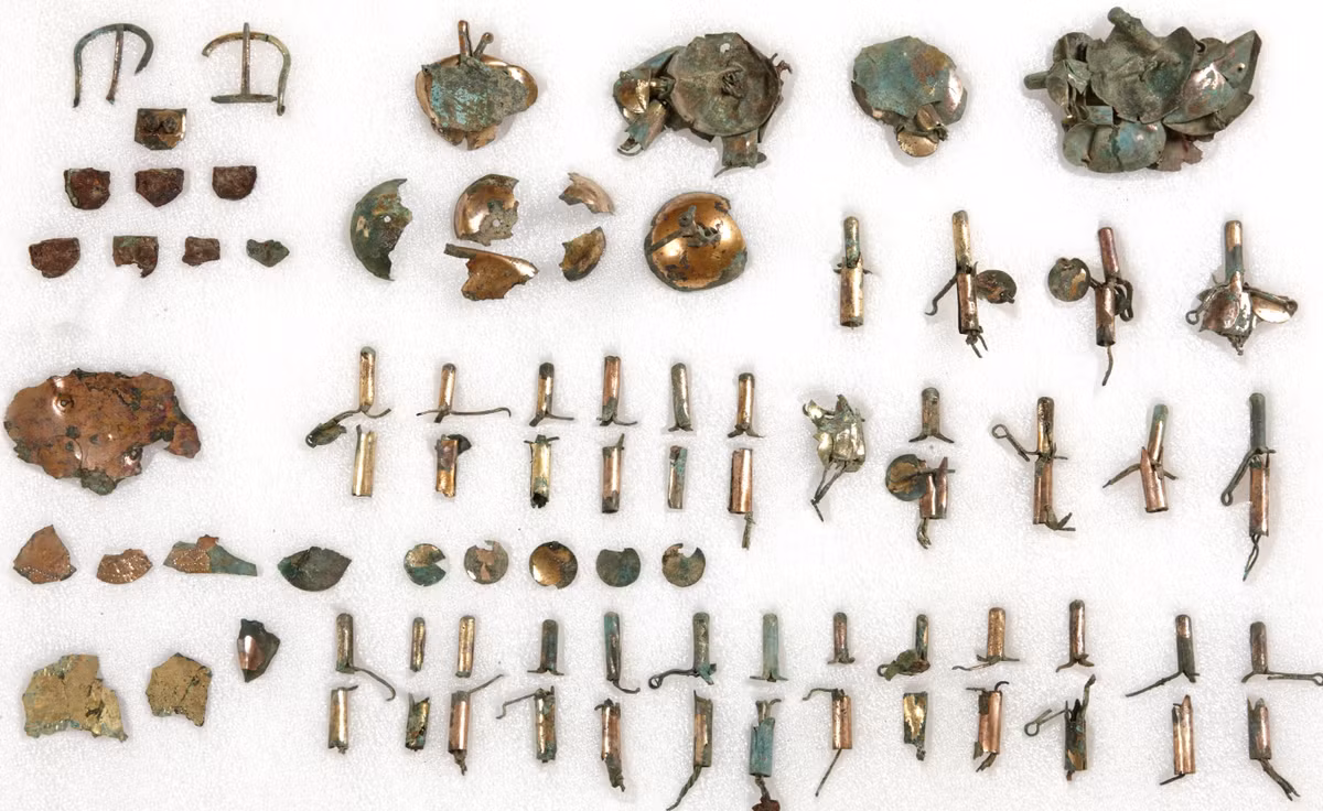 Ngoài đôi giày đồng mạ vàng, các chuyên gia còn tìm thấy một số bộ phận có vẻ là yên ngựa bằng đồng mạ vàng và một hàm thiếc ngựa cổ. Ảnh: @Viện Nghiên cứu Di sản Văn hóa Silla.