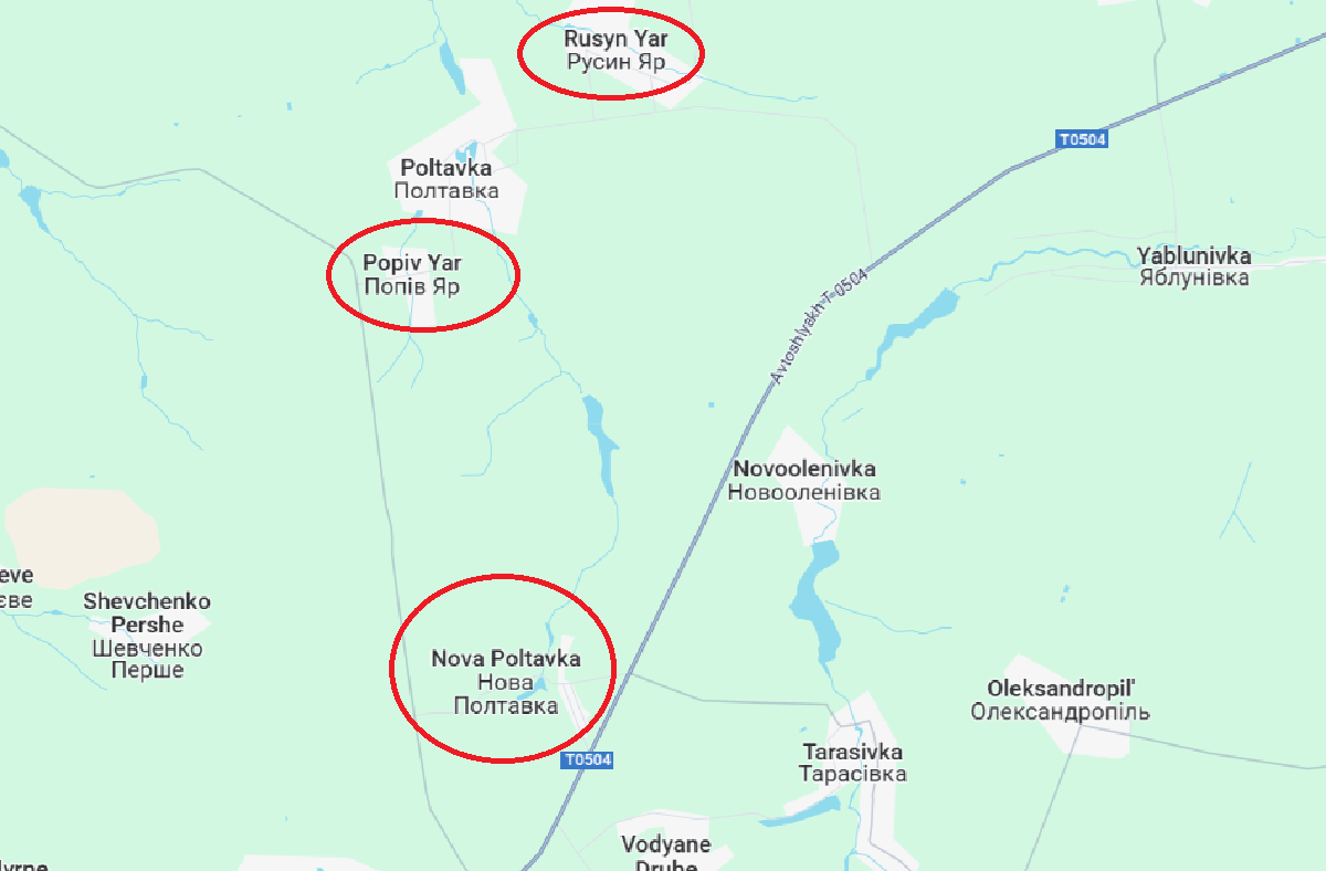 Theo các báo cáo chiến sự mới nhất, quân Nga đã giành quyền kiểm soát vững chắc Novopoltavka và nhanh chóng tiến về phía nam vùng ngoại ô Popiv Yar. Với đà tấn công như hiện tại, mục tiêu của Nga đã rất rõ ràng: tiến công dọc theo tuyến Popiv Yar – Rusyn Yar, đánh thẳng vào phía tây Konstantinivka. Ảnh: Google Maps