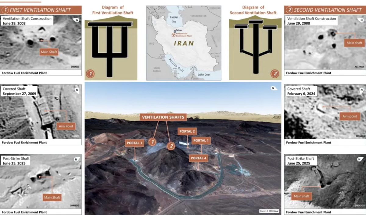 Đối với cuộc tấn công thực sự vào Fordow vào cuối tuần qua, mỗi quả bom MOP đều có ngòi nổ được lập trình riêng, để mỗi vũ khí này đạt được hiệu ứng cụ thể bên trong mỗi mục tiêu. Và mỗi quả trong số 12 quả bom MOP đều có một góc va chạm, điểm đến và hướng đi riêng và cuối cùng chúng đều hoạt động đúng như mong muốn”, Dan "Razin" Caine giải thích. Ảnh: @Không Quân Mỹ.