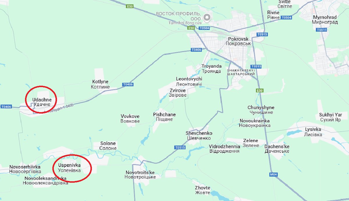 Tại khu vực Pokrovsk, quân Nga đồng loạt tấn công từ cả hai hướng đông và tây. Phía đông giao tranh dữ dội, còn phía tây cũng không kém phần quyết liệt khi quân Nga liên tục mở rộng phạm vi kiểm soát từ Uspenivka tiến về phía tây. Chỉ cần chiếm được Udachne, kế hoạch bao vây Pokrovsk từ hướng tây sẽ được tái khởi động. Ảnh: Google Maps