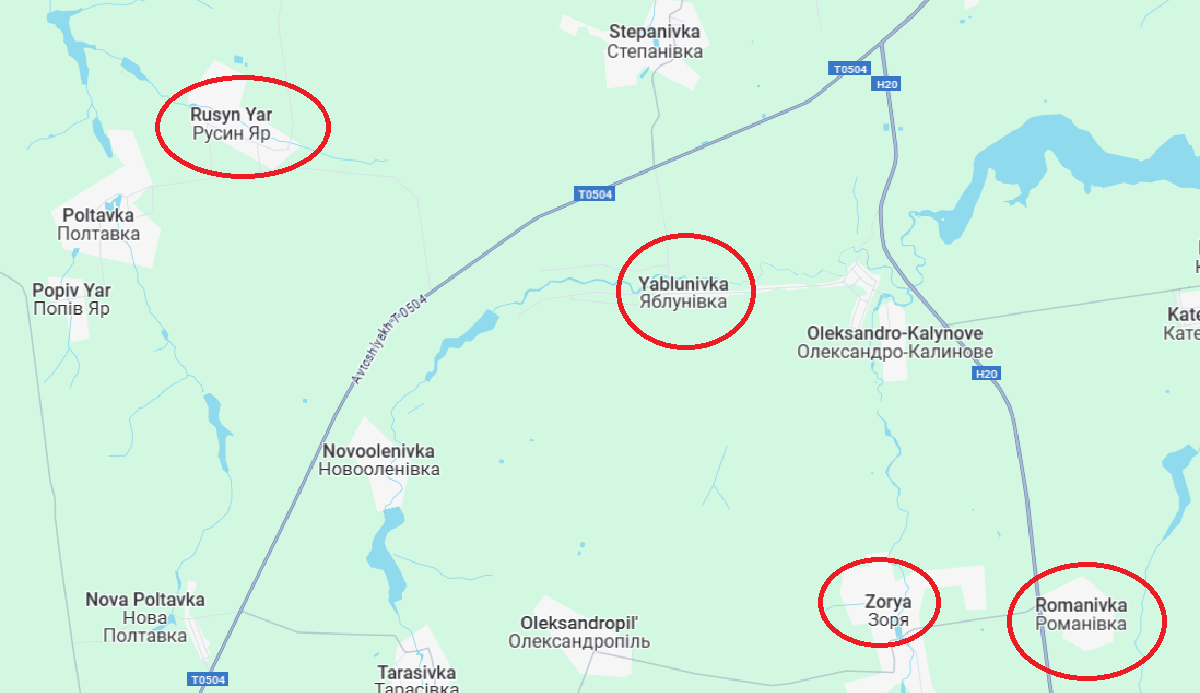 Tại Yablunivka, quân Nga đã thọc sâu vào khu trung tâm từ hướng nam, trong khi các mũi tiến công từ hướng bắc cũng đang áp sát – cho thấy cuộc tấn công vào ngôi làng lớn này đang diễn ra đồng thời từ hai hướng. Ngoài ra, quân Nga đã hoàn toàn kiểm soát Romanivka và tiến vào trung tâm khu định cư Zorya. Nhìn chung, đà tiến công hiện nay của Nga ở khu vực này là khá nhanh và hiệu quả. Ảnh: Google Maps