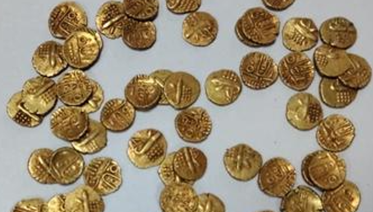 Các công nhân được thuê đã tìm thấy một chiếc bình đất nhỏ chứa những đồng tiền vàng. Các chuyên gia tin rằng, những đồng xu này có niên đại khoảng 600 năm, thuộc thời kỳ Vijayanagara. Những đồng tiền vàng, mỗi đồng có kích thước khoảng 5 milimet. Ảnh: @Sở Quản lý Tài sản Tôn giáo và Từ thiện Hindu.