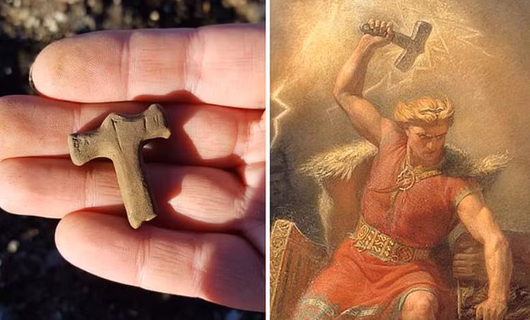 Điều gây sốc các chuyên gia là trên vòng cổ này có đính một mặt biểu tượng bằng đá, y như chiếc búa của Thần Thor huyền thoại. Ảnh: @Viện Khảo cổ học Iceland.