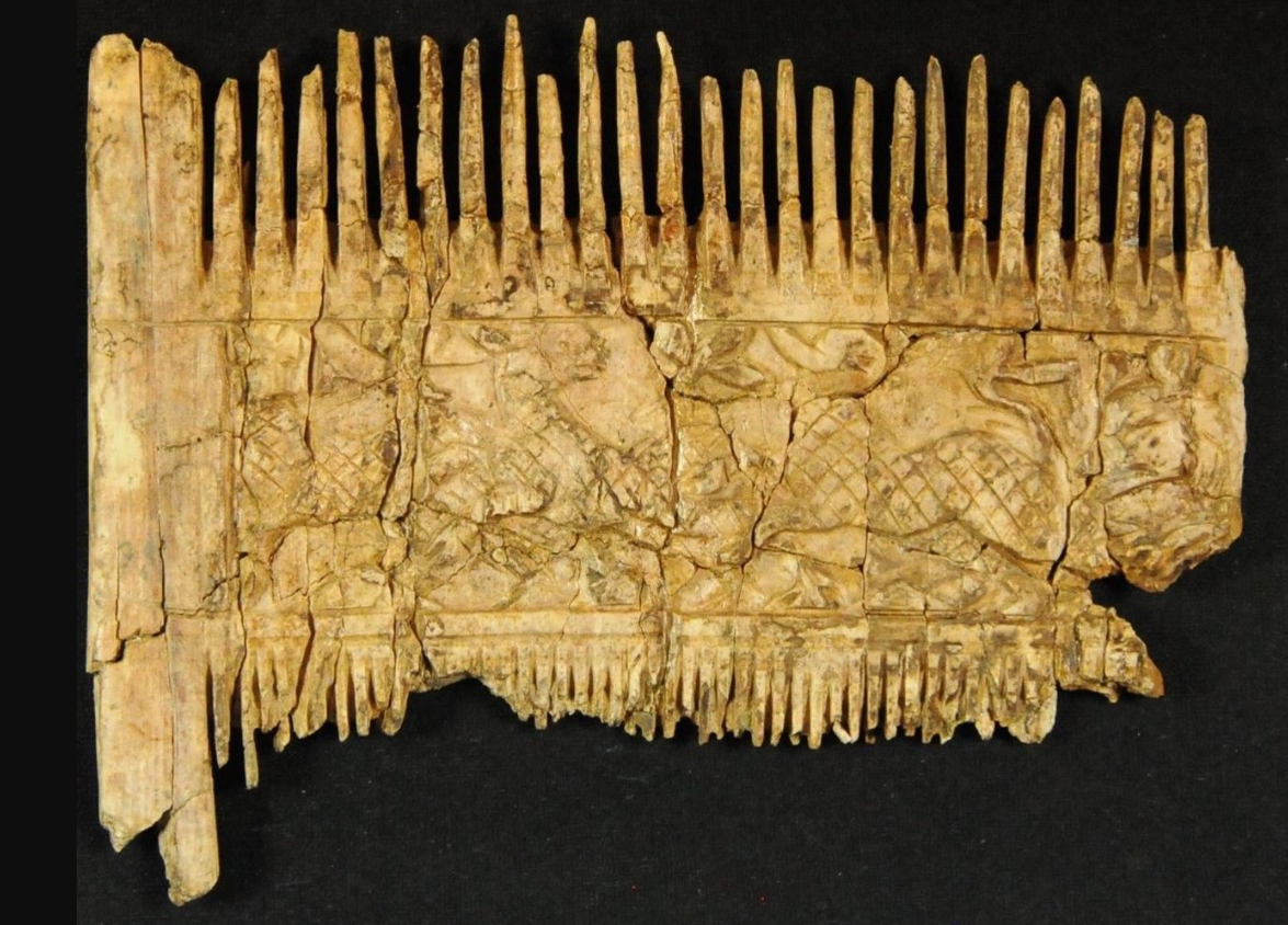Trong đó, chiếc lược làm từ ngà voi được phát hiện bên trong ngôi mộ của một người đàn ông 40-50 tuổi, người được chôn cùng với một thanh kiếm dài, một cây giáo, một chiếc khiên và một chiếc rìu chiến đấu. Lược như một vật dụng chôn cất thường xuyên vào đầu thời Trung cổ, nhưng hiếm khi được làm từ ngà voi. Trên chiếc lược có mô tả cảnh săn bắn thế tục với những sinh vật giống linh dương đang nhảy tránh xa những kẻ săn mồi. Ảnh: @BLfD.