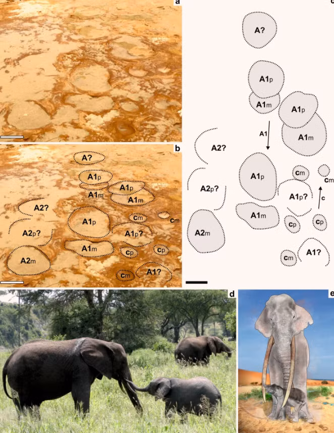 Ngoài những dấu chân voi Palaeoloxodon antiquus trưởng thành được tìm thấy ở khu vực Bề mặt bị giẫm đạp Matalascañas, các chuyên gia còn phát hiện những vết chân nhỏ xíu có kích thước 9,6 cm, cho thấy chúng thuộc về loài voi Palaeoloxodon antiquus con có thể chỉ mới 2 tháng tuổi, cao khoảng 66 cm tính đến vai và nặng khoảng 70 kg, nặng hơn một con chó Newfoundland một chút. Ảnh: @Neto de Carvalho.