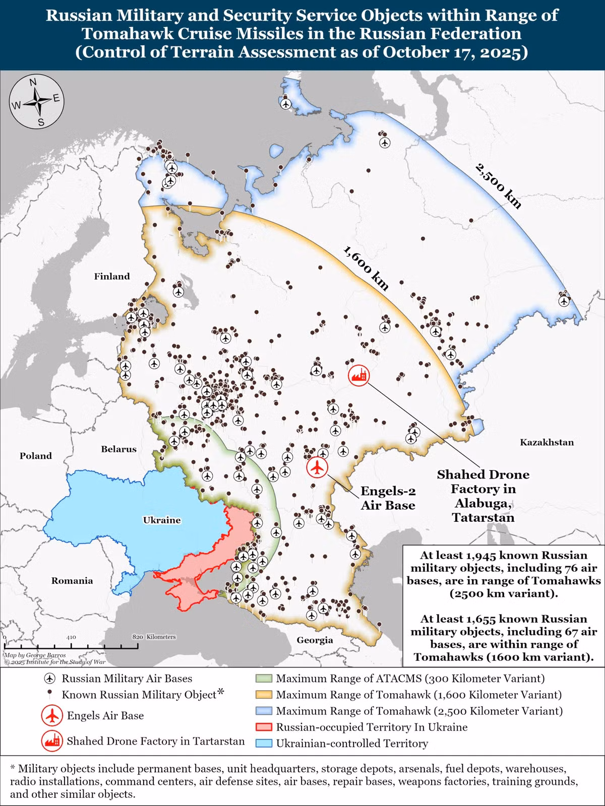Bản đồ minh họa tầm bắn tên lửa hành trình tầm xa Ukraine