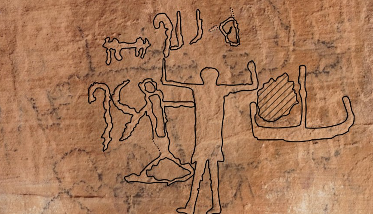 Có niên đại khoảng năm 3.000 Trước Công Nguyên, hình ảnh trung tâm của bức tranh khắc đá này là một người đàn ông đang bước đi với hai tay giơ cao trong tư thế khoe cơ bắp. Ảnh: @Đại học Bonn.