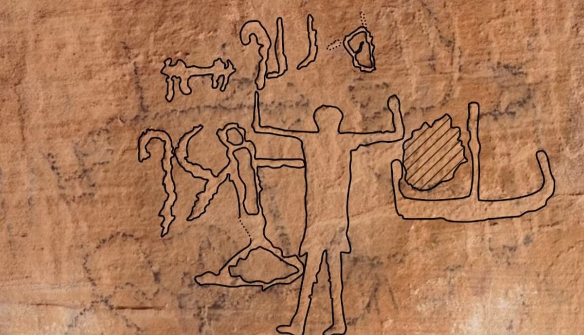 Có niên đại khoảng năm 3.000 Trước Công Nguyên, hình ảnh trung tâm của bức tranh khắc đá này là một người đàn ông đang bước đi với hai tay giơ cao trong tư thế khoe cơ bắp. Ảnh: @Đại học Bonn.