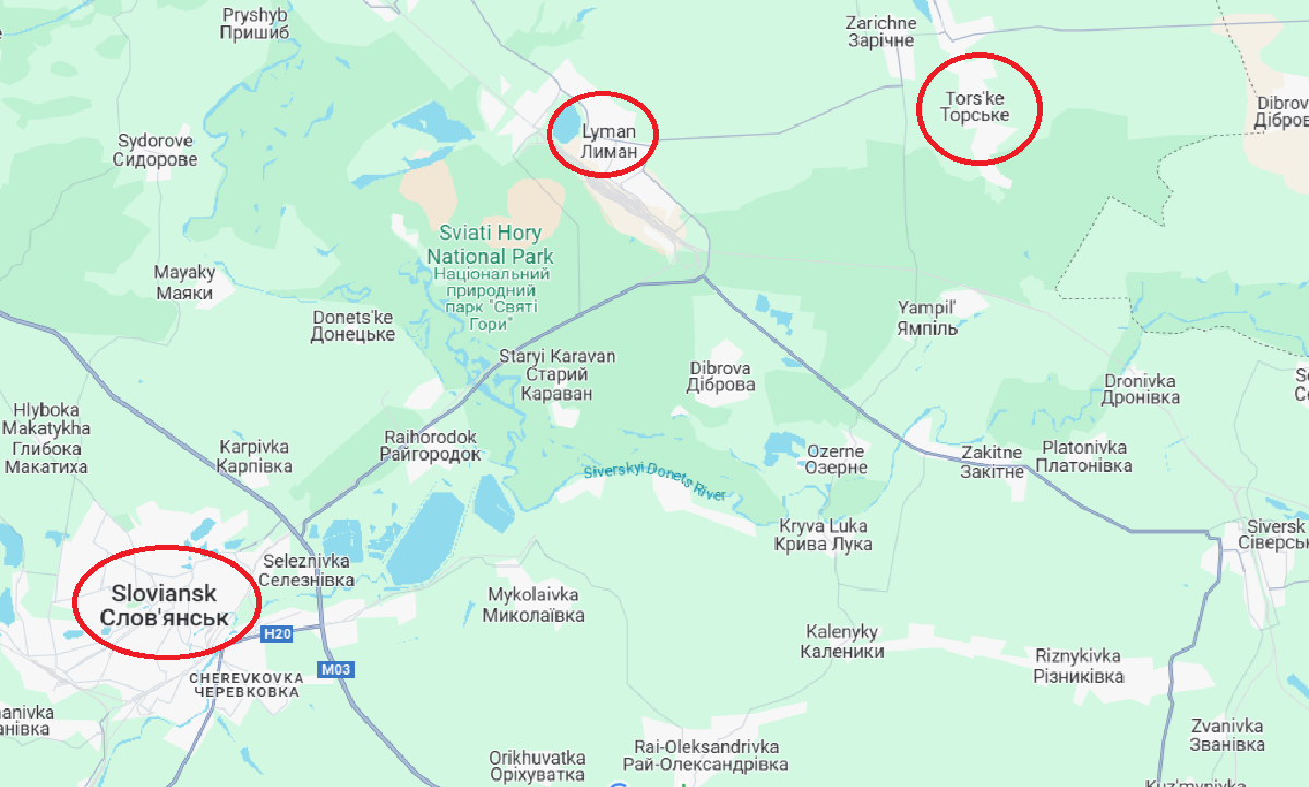 Nếu quân Nga bao vây Lyman, tuyến phòng thủ của Ukraine ở khu vực phía bắc Donetsk sẽ lâm nguy. Nếu Lyman rơi vào tay quân Nga, tuyến phòng thủ phía bắc có thể sụp đổ, và sau đó nhiều khả năng sẽ xảy ra trận chiến tại Sloviansk. Thực ra xét trên phạm vi rộng, cả trận Lyman và Torske đều có thể được xem là một phần của chiến dịch Sloviansk. Ảnh: Google Maps