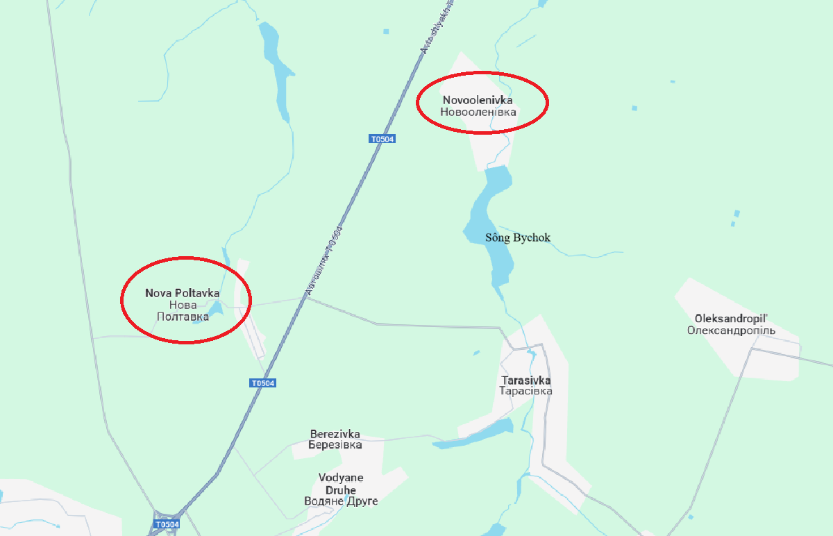 Cục diện chiến trường hiện tại cho thấy quân Nga tiếp tục tiến sâu tại Novoolenivka và đã áp sát tuyến đường H32 từ hướng này. Đây là bước tiến quan trọng, vì quân Nga đã phá vỡ phòng tuyến sông Bychok ở cực tây. Ảnh: Google Maps