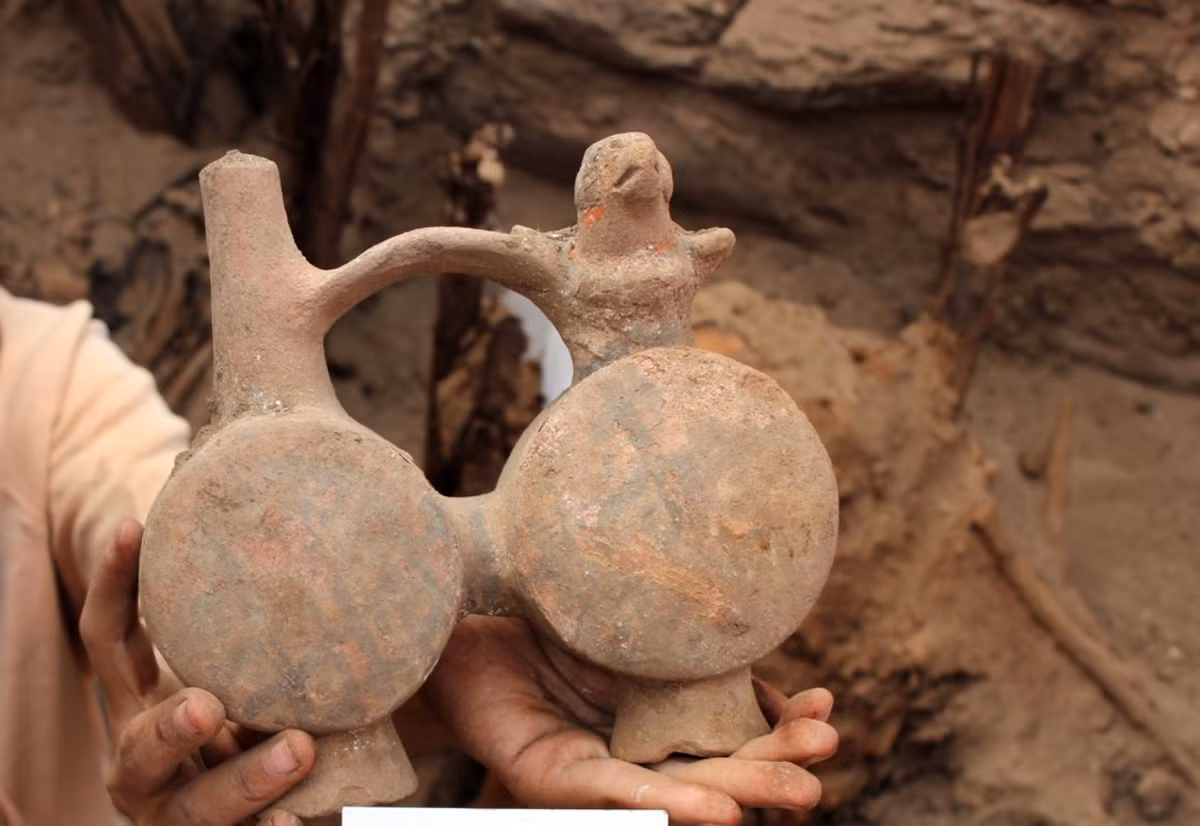 Họ được chôn cất cùng với khoảng 100 đồ tùy táng: động vật bằng gốm (hình chó, chuột lang) và bình hoa, đồ trang sức bằng hợp kim đồng và vàng, bầu hồ lô và mặt nạ gỗ có vẽ mặt người,...Ảnh: @Đại học Bruxelles.