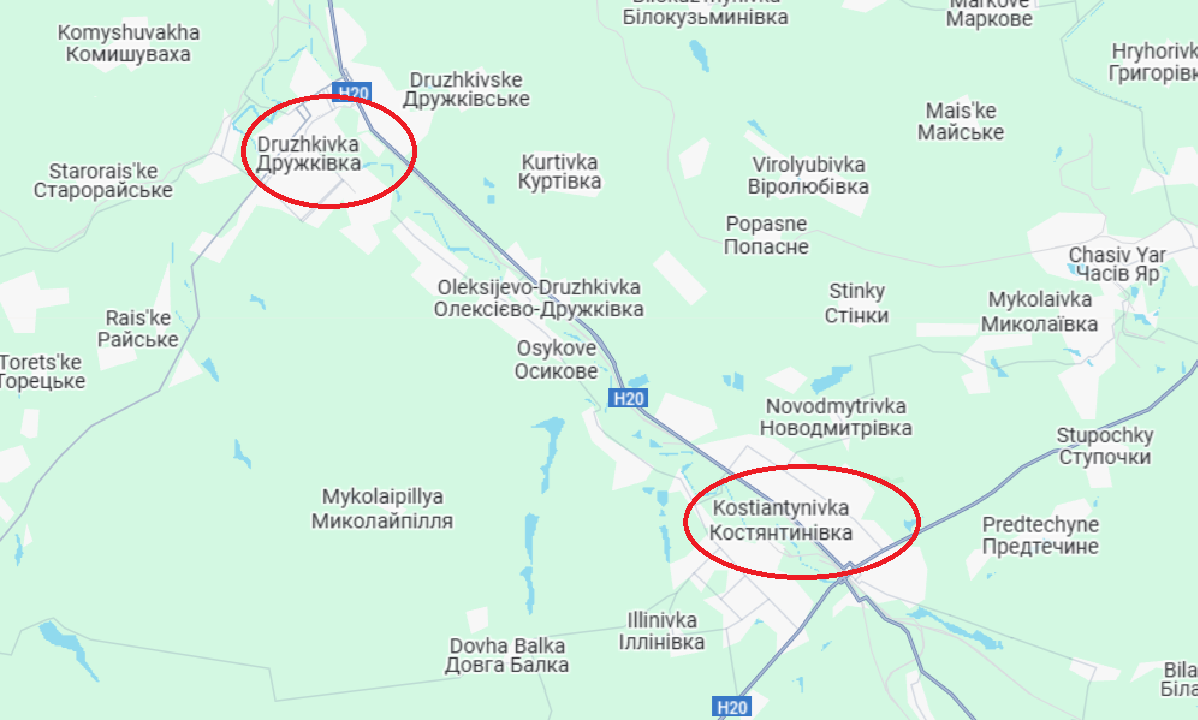 Bên cạnh đó, phía Ukraine cũng đã sơ tán thị trấn Druzhkivka, nằm ở phía sau Konstantynivka, điều này cho thấy trận chiến Konstantynivka cũng đã bắt đầu, và tuyến phòng thủ ở phía nam khu vực này đang sụp đổ rất nhanh. Ảnh: Google Maps