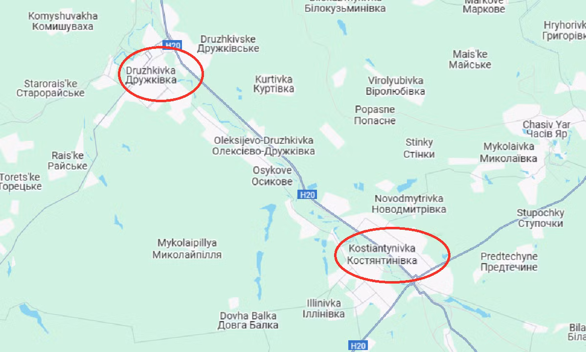 Bên cạnh đó, phía Ukraine cũng đã sơ tán thị trấn Druzhkivka, nằm ở phía sau Konstantynivka, điều này cho thấy trận chiến Konstantynivka cũng đã bắt đầu, và tuyến phòng thủ ở phía nam khu vực này đang sụp đổ rất nhanh. Ảnh: Google Maps