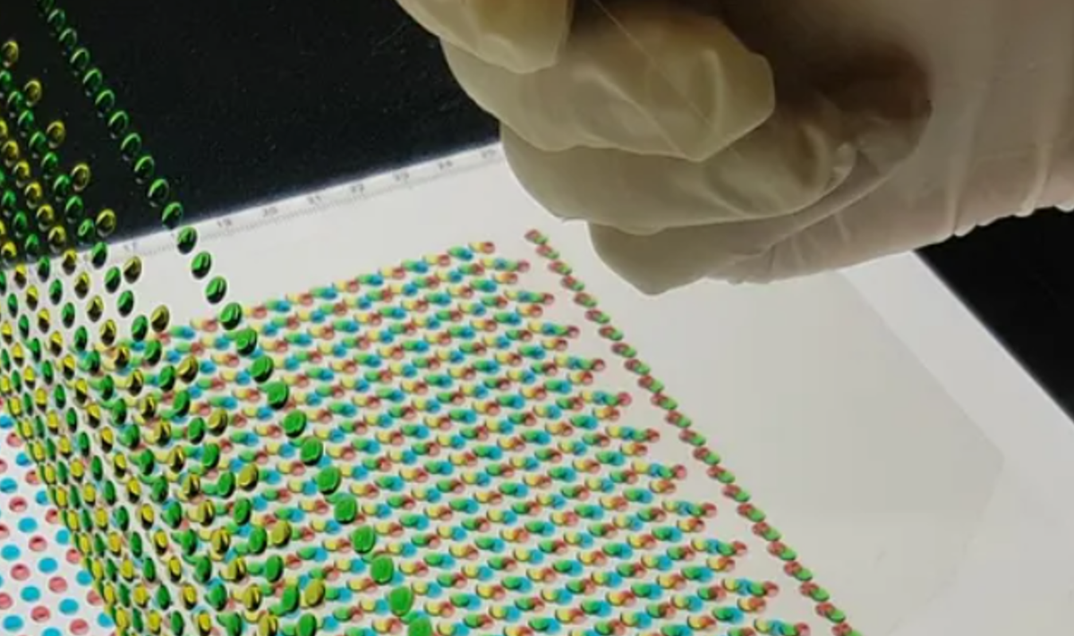 Các lớp tế bào điện nút nhỏ này mang nhiều màu sắc khác nhau, và được đính lên một tấm nhựa dài kiểu gấp khúc sole theo điện cực đối lập âm dương. Ảnh: @Michael Meyer.