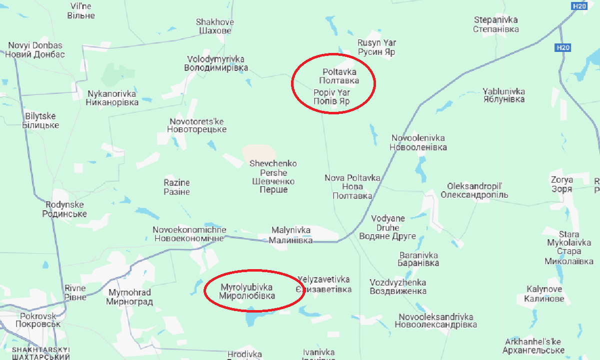 Ngoài 150 binh sĩ này, ở các khu vực khác trong vùng lồi phòng tuyến cũng có thể còn hàng trăm binh sĩ Ukraine đang bị vây, chờ quân Nga “thu dọn”. Tại cánh trái của vùng lồi, giao tranh diễn ra ác liệt ở các khu vực như Popiv Yar, Poltavka và Myroliubivka. Ảnh: Google Maps