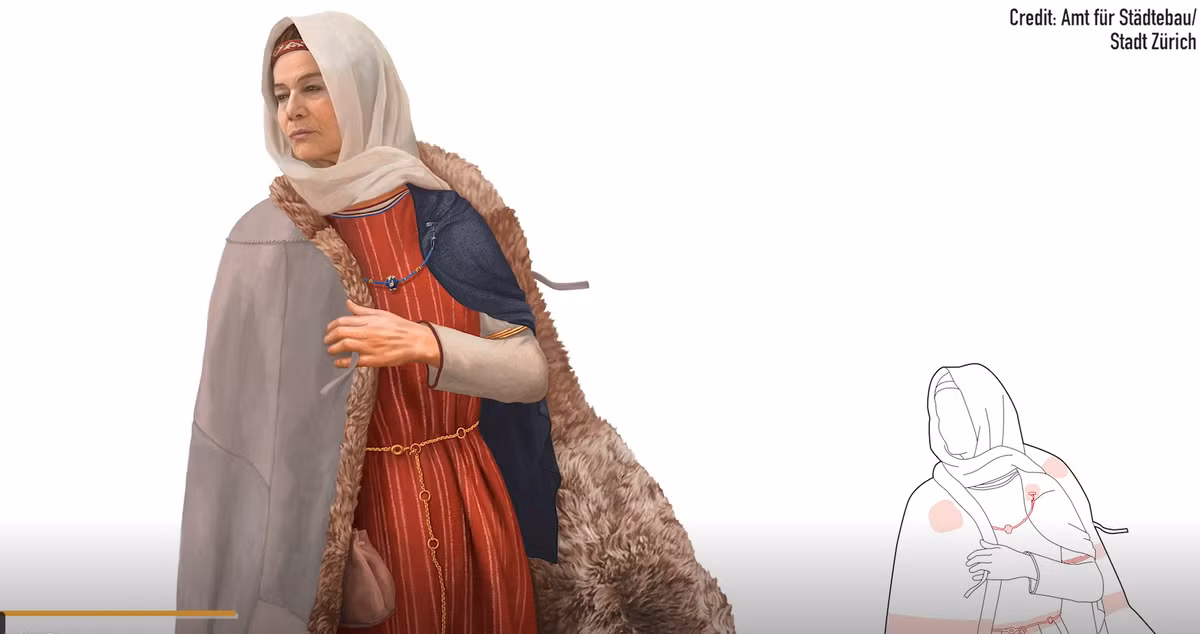 Người đã khuất mặc một chiếc váy làm từ lông cừu mịn, một chiếc khăn choàng và một chiếc áo khoác da cừu, có thể cho thấy đây là một người có địa vị cao trong xã hội cũ. Ảnh: @Văn phòng Phát triển Đô thị của thành phố Zurich.