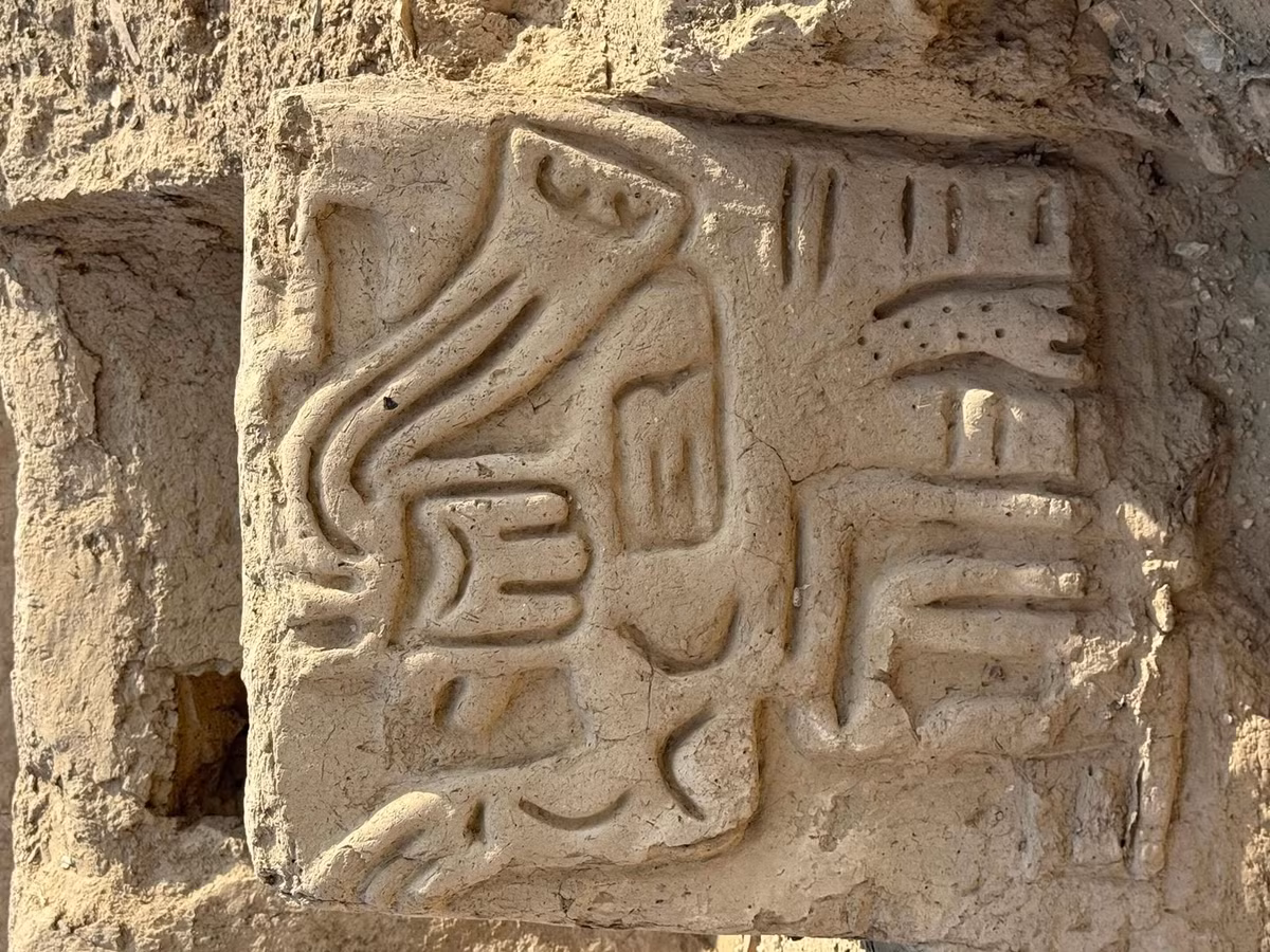 Yếu tố trung tâm là một cầu thang dẫn lên sân khấu hoặc bệ thờ ngôi đền, có thể là điểm tập trung cho các nghi lễ. Họ còn phát hiện một tác phẩm chạm khắc nhân hóa con người kết hợp các yếu tố từ nhiều loài sinh vật kỳ dị khác nhau. Ảnh: @Bộ Văn hóa Peru.
