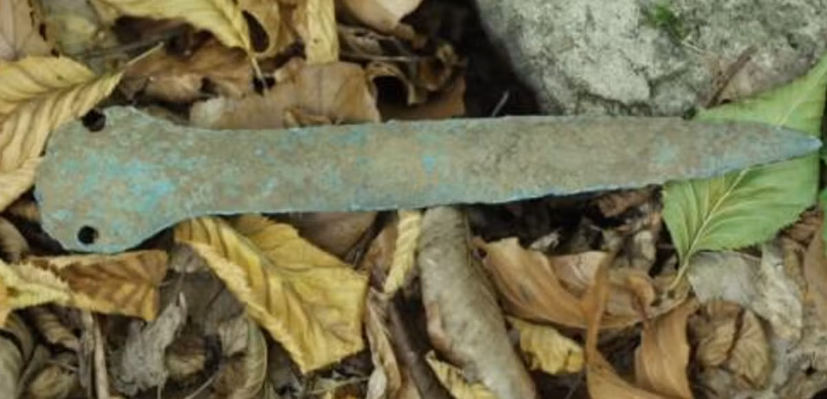 Loại dao găm mà Maik Böhner tình cờ tìm thấy được gọi là dao găm cán tấm, một loại có chuôi hình vòm và được tán đinh, đặc trưng của Thời Kỳ Đồ Đồng. Dao găm này dài, có lưỡi rộng và phẳng. Ảnh: @Văn phòng Bảo tồn Di tích và Khảo cổ học bang Thuringia.