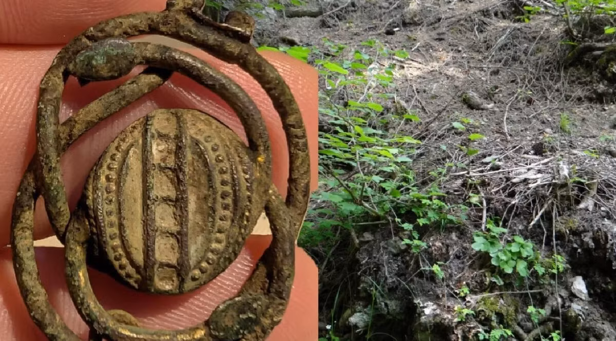 Vật thể này rõ ràng là một chiếc trâm cài, hoàn chỉnh về cấu trúc chức năng: một cấu trúc hình tròn kép hình hai con rắn lồng nhau làm từ hợp kim đồng chắc chắn, có một vòng chặn cho kim ghim. Ảnh: @Jay Sangster-Hawkins.