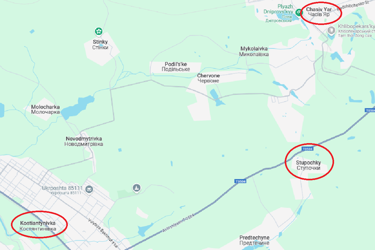 Ở hướng Chasov Yar, sau nhiều tháng giao tranh ác liệt, Trung đoàn cơ giới số 1442 thuộc Sư đoàn cơ giới số 6 của Nga đã kiểm soát được ngôi làng Stupochky ở phía nam. Ảnh: Google Maps