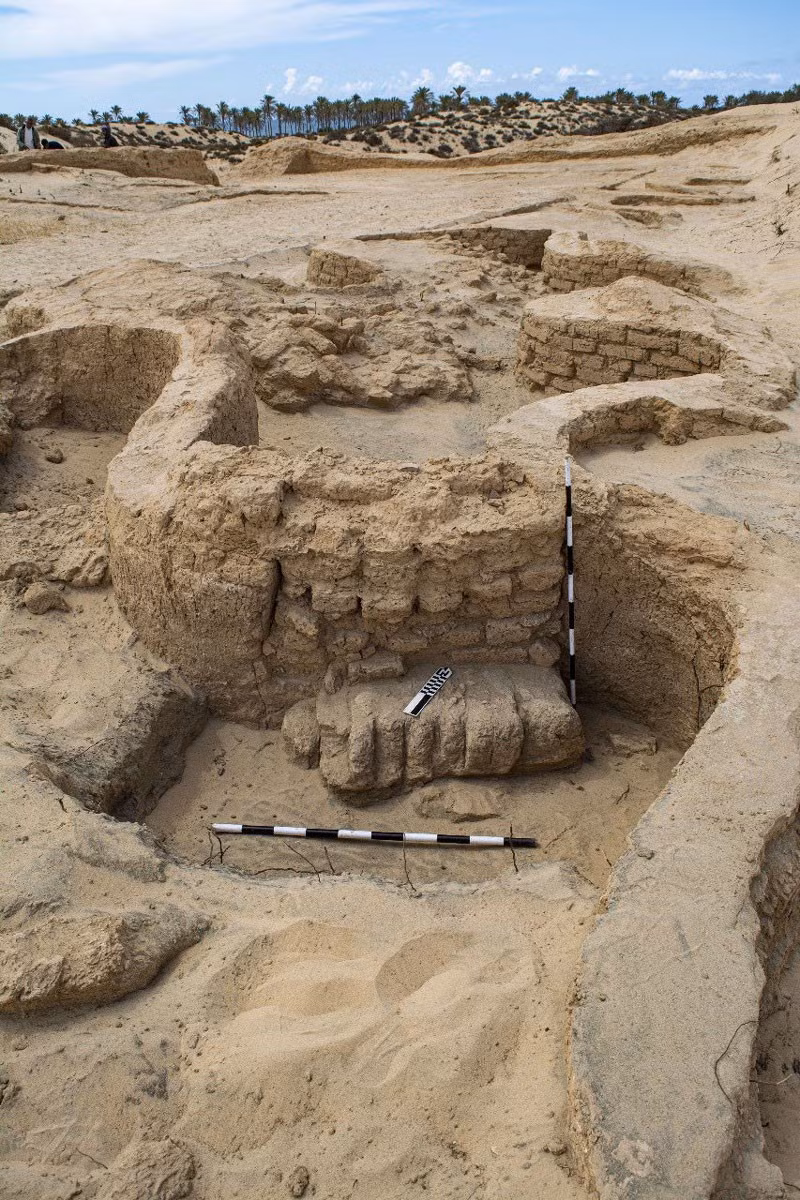 Tại đây, các chuyên gia tìm thấy một bức tường phía nam dài khoảng 105 mét và rộng 2,5 mét, hoàn chỉnh với một cổng thành kiên cố và mười một tháp phòng thủ nhỏ. Ảnh: @Bộ Du lịch và Cổ vật Ai Cập.