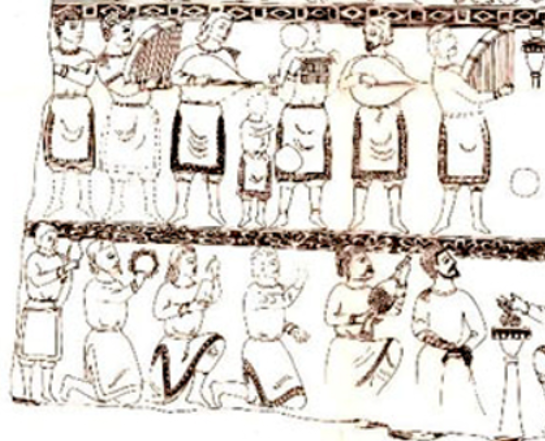 Phía dưới là các nhạc công đang đứng và cầm nhạc cụ. Ảnh: @Viện Hàn Lâm Khoa Học Uzbekistan.