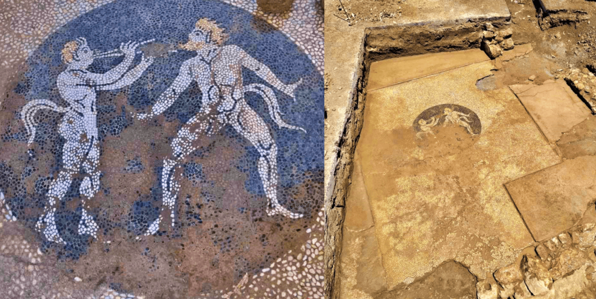 Hai vị thần rừng Satyr gây kinh ngạc với chi tiết đuôi dê, tai nhọn và sừng, phần tóc được khắc họa bằng những viên sỏi vàng. Một vị thần rừng không râu thì đang thổi sáo, vị thần rừng kia có râu thì đang nhảy theo giai điệu. Ảnh: @Bộ Văn hóa Hy Lạp.