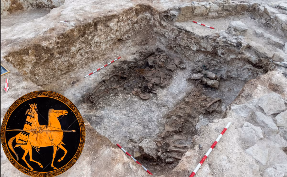 Dưới gò đất, nhóm chuyên gia tìm thấy ngôi mộ kép, chứa hài cốt của một chiến binh cùng các đồ tùy táng, sát bên là hài cốt của con ngựa, có niên đại từ nửa sau thế kỷ thứ 2 Trước Công Nguyên. Ảnh: @Viện Hàn lâm Khoa học Bulgaria.