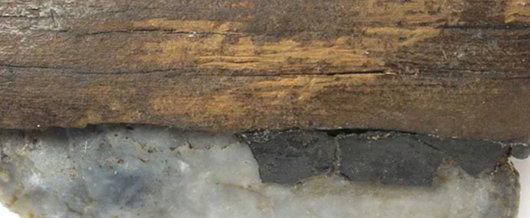 Lưỡi dao bằng đá lửa sắc bén được gắn vào cán gỗ bằng nhựa bạch dương, và có một lỗ đã được khoan vào gỗ để treo công cụ.Ảnh: @Bảo tàng Khảo cổ học Bang Baden-Württemberg.