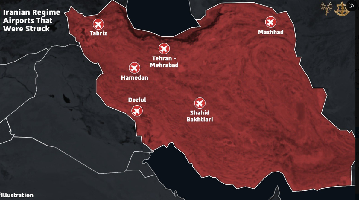 Các mục tiêu khác của Iran mà IDF cho biết vừa tấn công bao gồm sáu căn cứ không quân — Dezful, Hamedan, Mashhad, Shahid Bakhtiari, Tabriz và Tehran-Mehrabad — nơi mà họ cho biết đã nhắm mục tiêu vào "đường băng, nhà chứa máy bay ngầm, máy bay tiếp nhiên liệu, máy bay F-14, F-5 và AH-1”. Ảnh: @IDF.