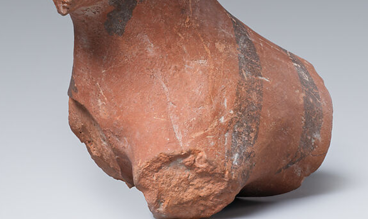 Bức tượng nhỏ làm bằng gốm có màu nâu đỏ, được sơn những sọc đen, chỉ còn một phần thân ngực, và đầu cổ con vật. Ảnh: @Henry P. Colburn.