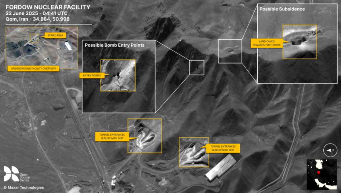 Theo Dan "Razin" Caine, vào những ngày trước cuộc tấn công vào Fordow, người Iran đã cố gắng phủ nắp bê tông lên các điểm trọng yếu để cố gắng ngăn chặn các cuộc tấn công. Ảnh: @Maxar.