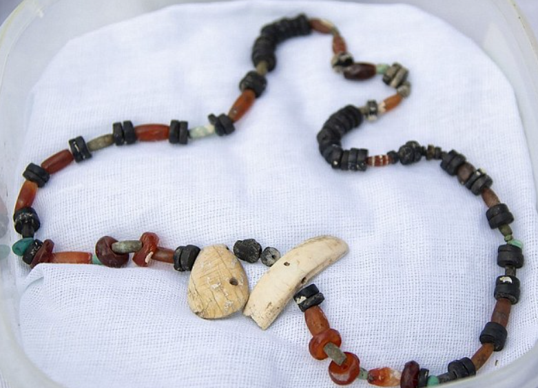 Chúng bao gồm khuyên tai hình chuông, đĩa vàng chạm khắc tinh xảo, tấm vàng trang trí, dây chuyền và vòng cổ đính đá quý, cùng với các hạt vàng dùng để trang trí quần áo. Ảnh: @Viện Khảo Cổ Học Quốc Gia Kazakhstan.