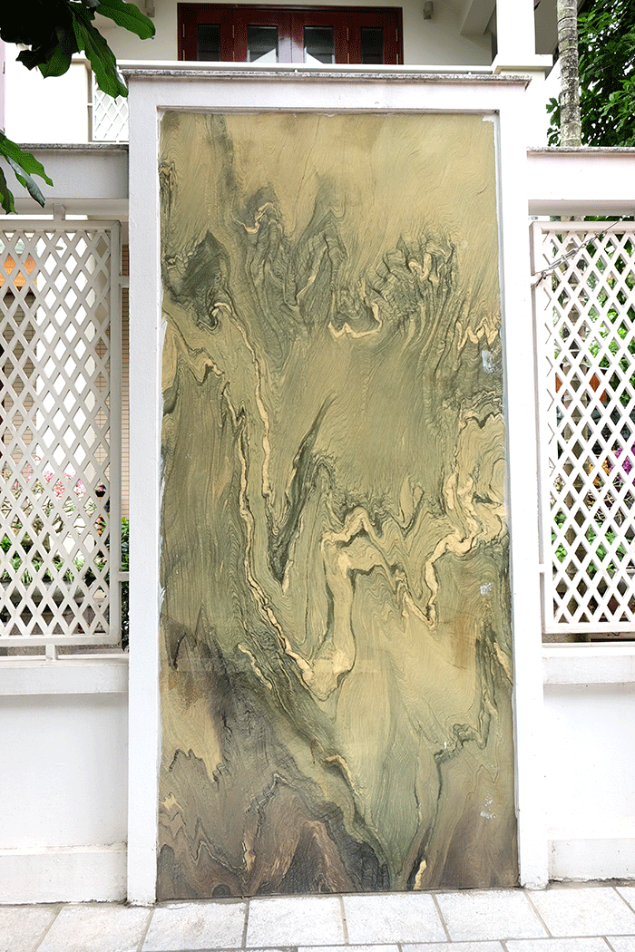 Những bức bình phong được ốp đá xẻ nguyên khối tạo nên vẻ đẹp sang trọng cho tường rào của ngôi nhà này.