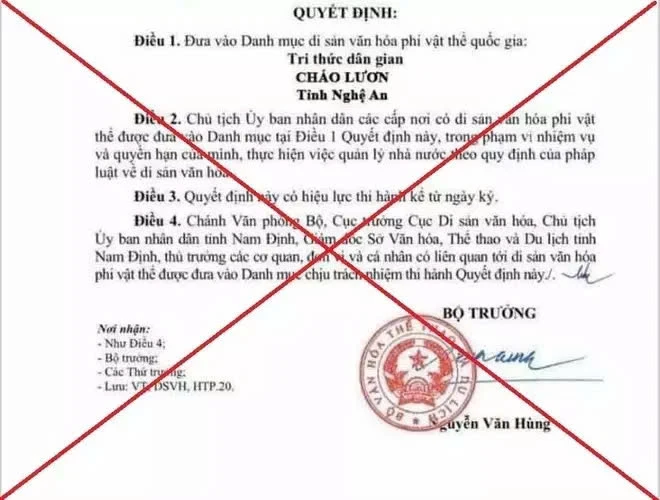 Thông tin Cháo lươn Nghệ An vào danh mục di sản văn hóa phi vật thể là sai sự thật