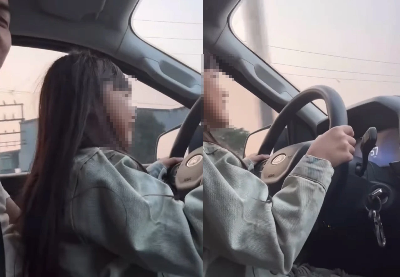 Bố giao vô lăng cho con gái nhỏ cầm lái, chạy 60km/h