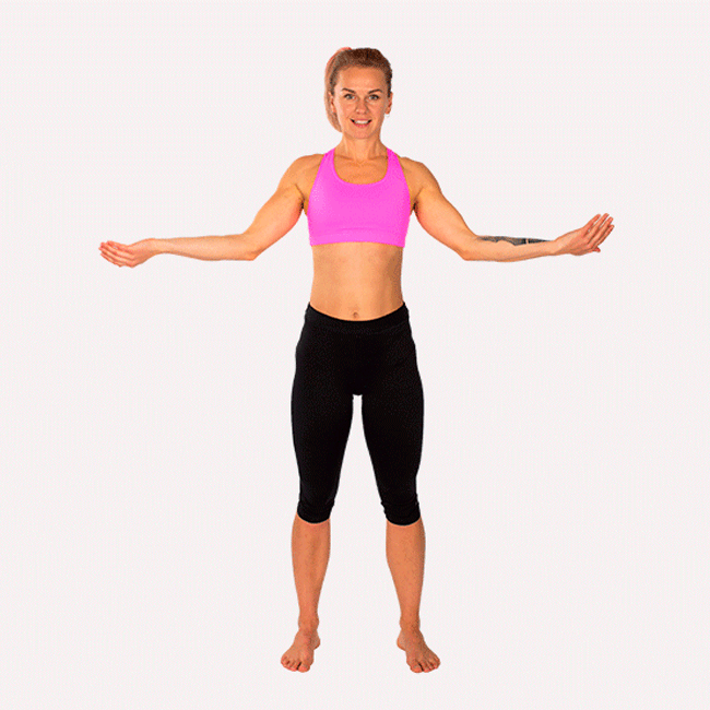  Bài tập 3 Hai chân đứng rộng bằng vai. Dang hai cánh tay của bạn sang hai bên và để chúng song song với sàn nhà Xoay cánh tay vòng theo chiều kim đồng hồ. Làm động tác này 20 lần. Sau đó thả tay xuống và thư giãn trong 10-15 giây. Lặp lại bài tập 8-10 lần.