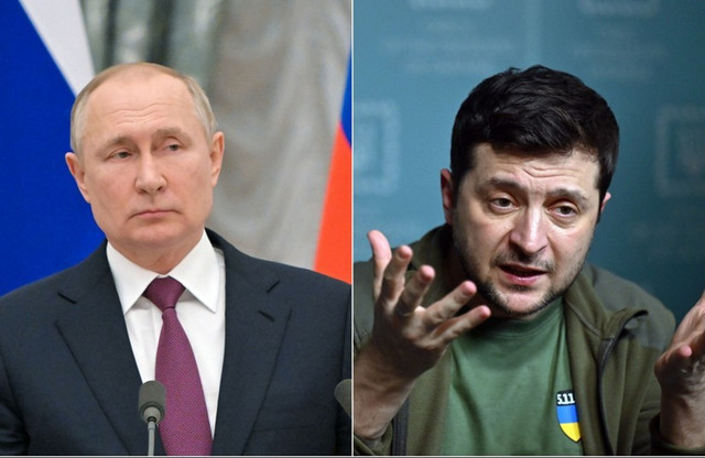 Tổng thống Nga Vladimir Putin (trái) và Tổng thống Ukraine Volodymyr Zelensky. Ảnh: GI. putine.jpg