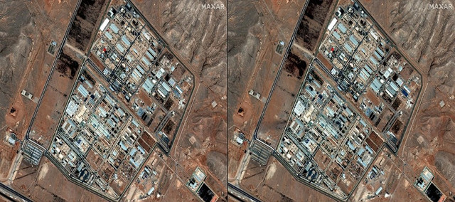 Ảnh vệ tinh chụp cơ sở hạt nhân Isfahan ở miền trung Iran vào ngày 3/6/2025 (trái) và vào ngày 14/6/2025 sau khi bị Israel tấn công (phải). Ảnh: Maxar. israeliran.png
