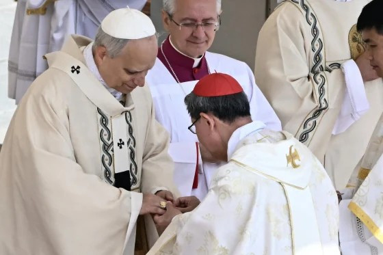 Hồng y người Philippines Luis Antonio Tagle trao chiếc Nhẫn Ngư Phủ cho Giáo hoàng Leo XIV. Ảnh: Getty. giao2.png