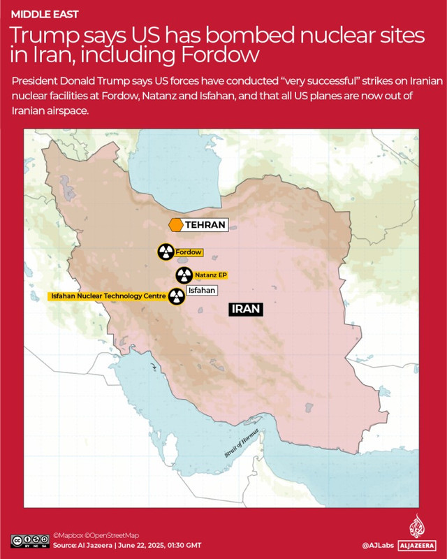 Mỹ tấn công 3 cơ sở hạt nhân của Iran cuối tuần qua. Ảnh: AJ. untitled-1493.png