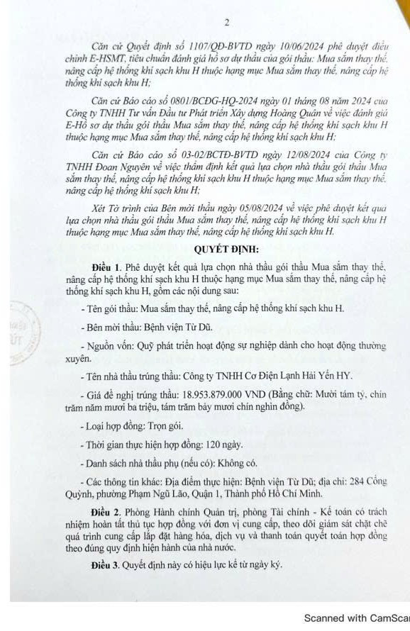 Quyết định phê duyệt kết quả lựa chọn nhà thầu gói thầu "Mua sắm thay thế, nâng cấp hệ thống khí sạch khu H". Nguồn: MSC qd-2.jpg