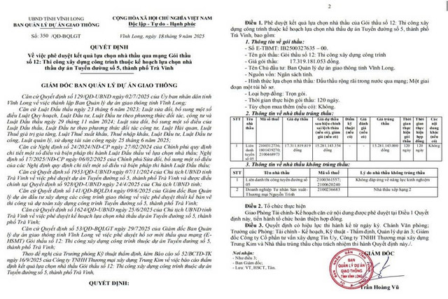 Quyết định số 350/QĐ-BQLGT ngày 18/9/2025, phê duyệt kết quả lựa chọn nhà thầu cho Gói thầu số 12: Thi công xây dựng công trình thuộc dự án Tuyến đường số 5, thành phố Trà Vinh (nay thuộc tỉnh Vĩnh Long). Nguồn: MSC qd.jpg