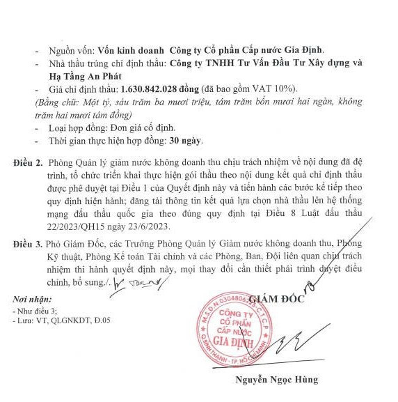 Quyết định số 400/QĐ-GĐ phê duyệt kết quả chỉ định thầu gói thầu "Cung cấp vật tư và thi công xây dựng" thuộc dự án "Sửa chữa ống mục hẻm 108/17, 108/27 Võ Duy Ninh; hẻm 139, 142 Ngô Tất Tố; hẻm 132/72, 132/80 Nguyễn Hữu Cảnh; hẻm 15/49, 39, 74 Võ Duy Ninh Phường 22, Quận Bình Thạnh" qd-2.jpg