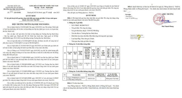 Quyết định số 3771/QĐ-ĐHBK phê duyệt kết quả lựa chọn nhà thầu gói thầu "Thi công xây dựng" thuộc công trình "Cải tạo cảnh quan khuôn viên trước Nhà B10". Nguồn: MSC qd.jpg